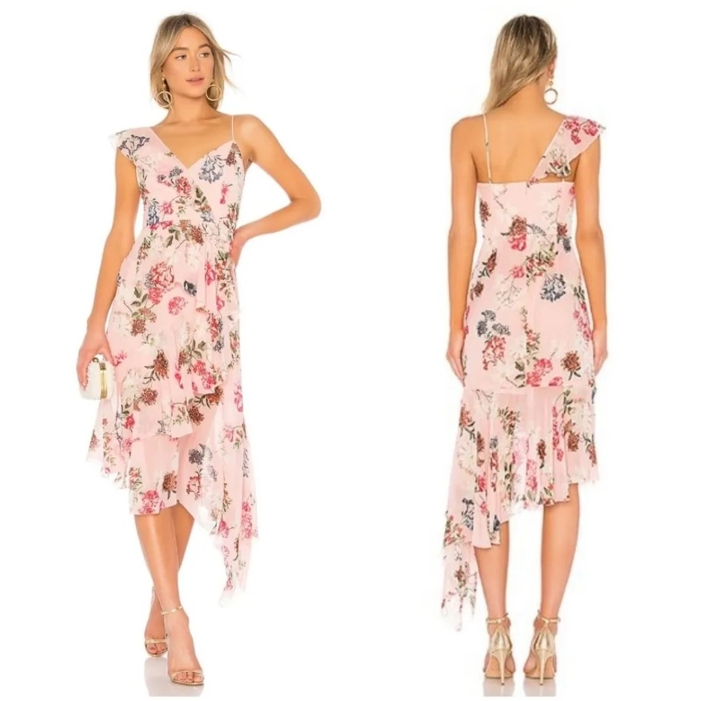 NICHOLAS x REVOLVE 100% silk floral frill ruffle asymmetric midi dress in lilac